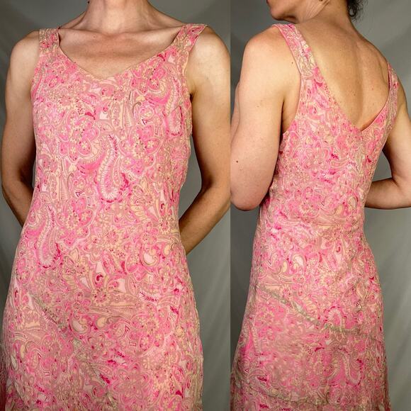 Vintage Y2K 100% silk fairy dress asymmetrical pink paisley print slip midi M - Picture 12 of 14